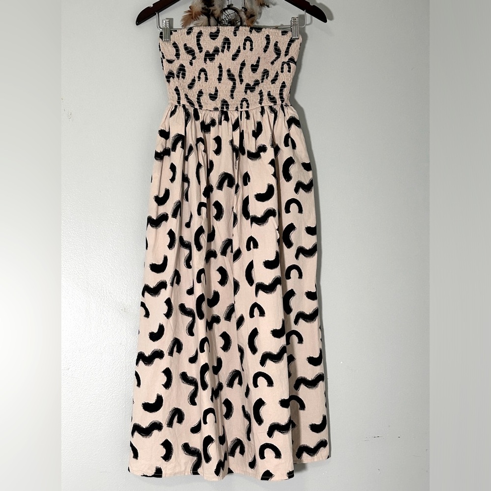 A New Day Women’s XS Strapless Smocked Tube Top Midi Sun Dress, Cream & Black